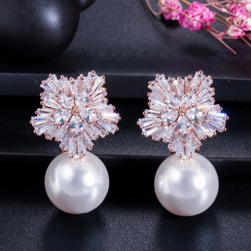 CWWZircons 2022 New Arrival Snow Flower Design Women Big Drop White Pearl Earrings with Cubic Zirconia Christmas Gift CZ069