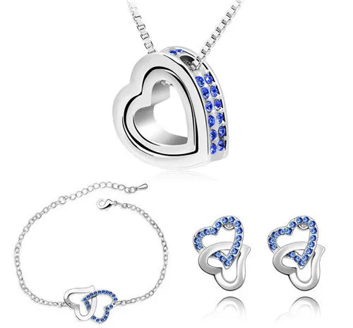 Double Heart pendant necklace earrings bracelets fashion Jewelry sets charm lover quality AAAA+ rhinestones wedding girl summer
