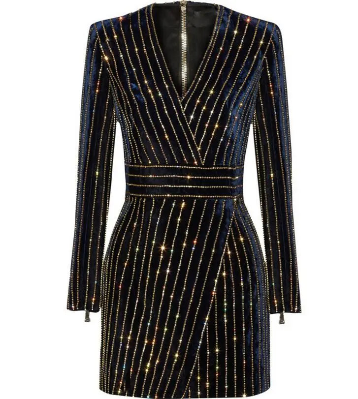 Sparkling Striped Long Sleeve Dress Black V-Neck Full Sleeve Women's Dress