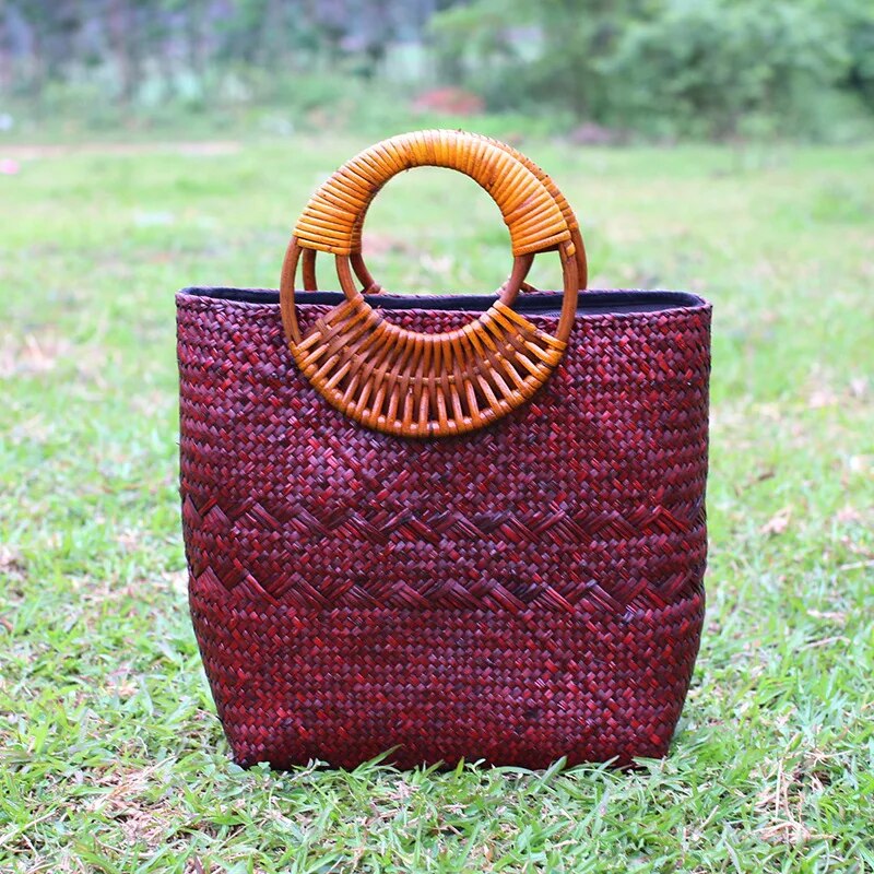 28x24CM The New Thai Simple Handmade Straw Bag Rattan Cloth Handbag Cotton And Linen A4185