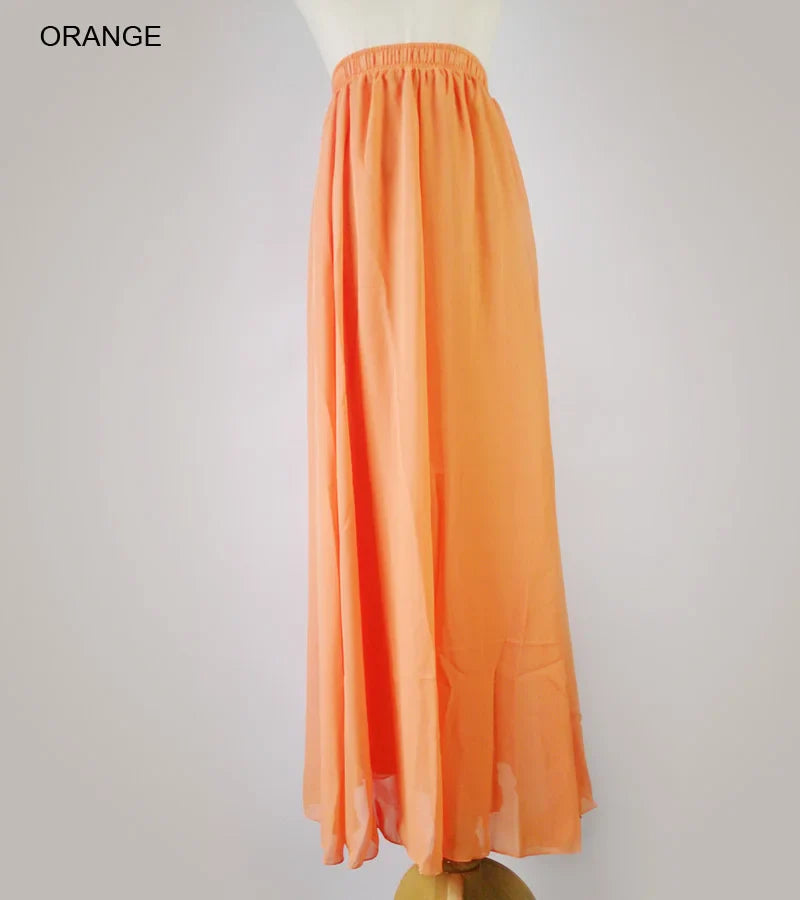 Women's Elegant High Waist Chiffon Skirt Elastic Waist Casual Long Maxi Skirts Saias 80/90/100cm 22 Color 2020 Summer Autumn New