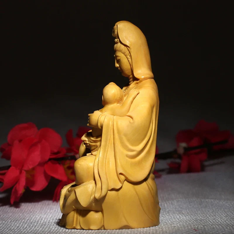Guan Yin Embracing Child: Exquisite Wooden Buddha Representation, Artful Carved Miniature Sculpture for Elevated Home Decor