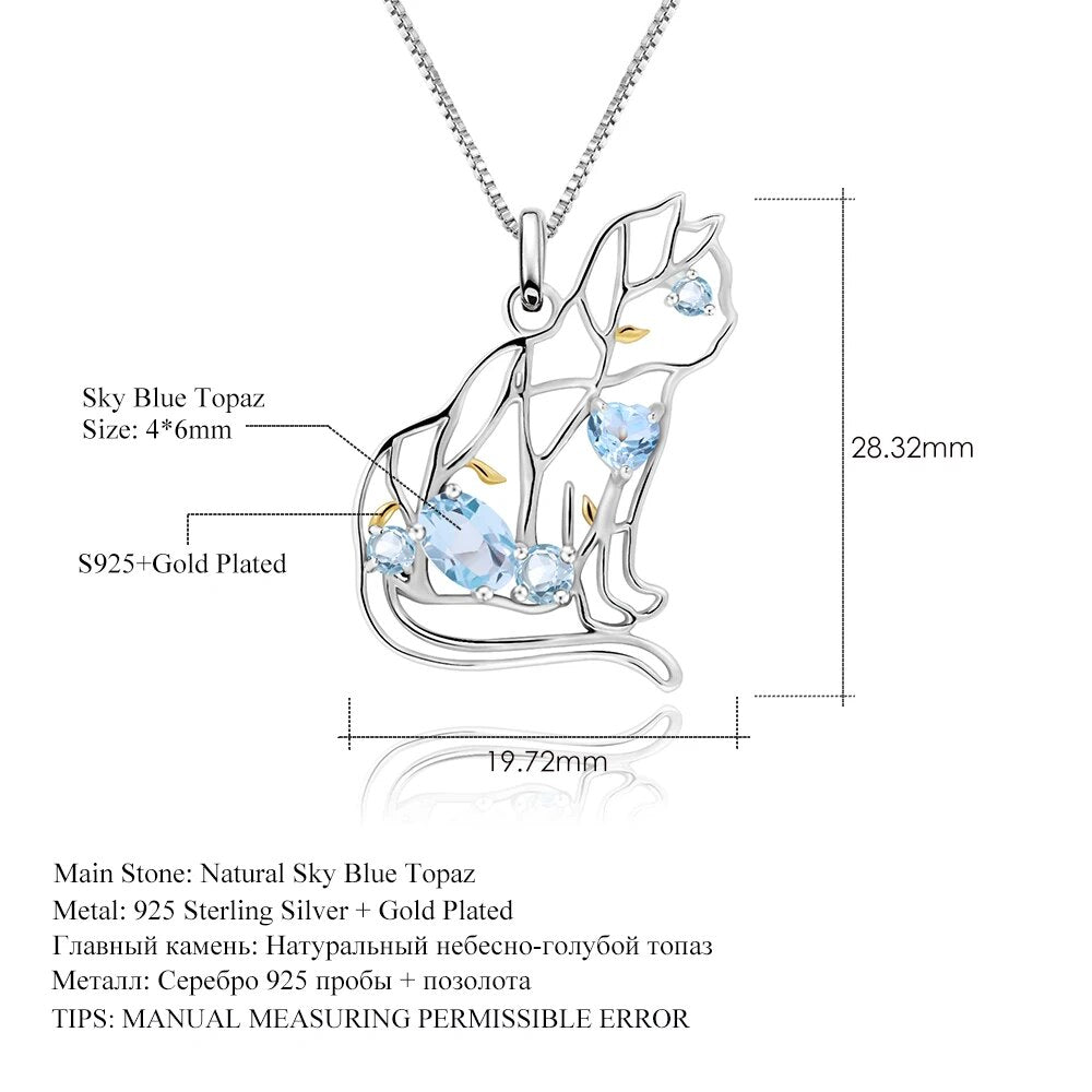 GEM'S BALLET Cat Shape Natural Sky Blue Topaz Animal Jewelry 925 Sterling Silver Handmade Gemstone Pendant Necklace For Women