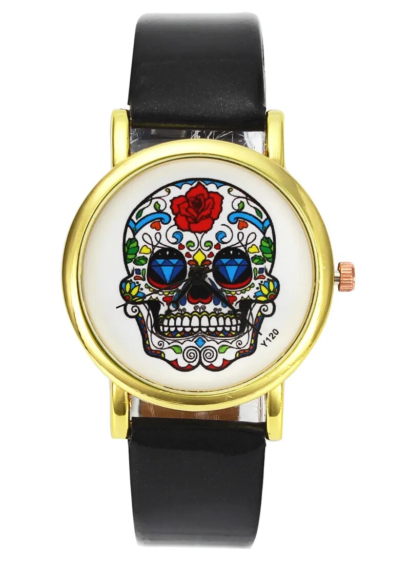 Skull Rose Flower Skeleton Halloween Women Mens Fashion Creative Watches PU Leather Watchband Wrist Watch
