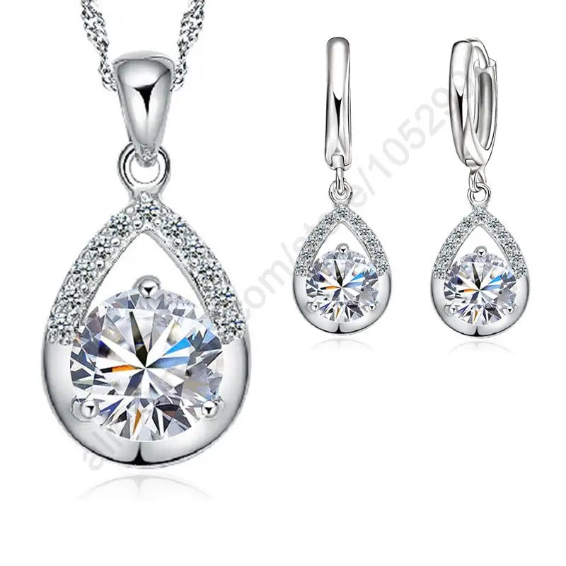 925 Sterling Silver Bridal Jewelry Set Necklace Earrings Women Engagement Romantic Style Water Drop Austrian Crystal