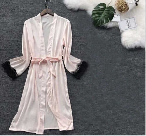 Womens Sexy Silk Satin Nightgrown Lace Long Sleeve Sleepwear Robes Night Gown Nightwear Women Clothing