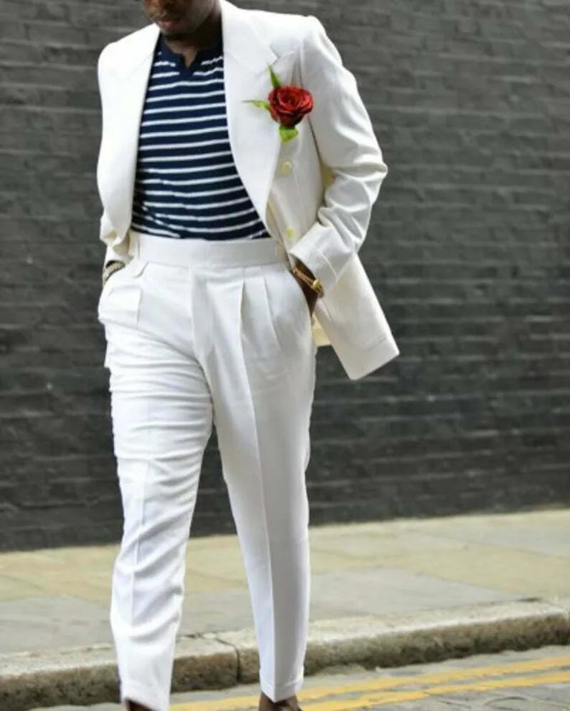 Costume Homme 2 Pieces Men Suit White Color Beach Wedding Formal Suits Peak Lapel Jacket Pants Causal Prom Customized