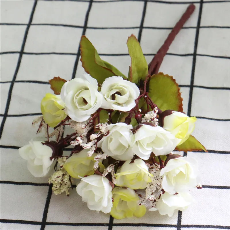 Autumn 15 Heads/Bouquet Small Bud Roses Bract Silk Artificial Flower DIY Wedding Home Christmas Decor Floral Gifts Photo Props