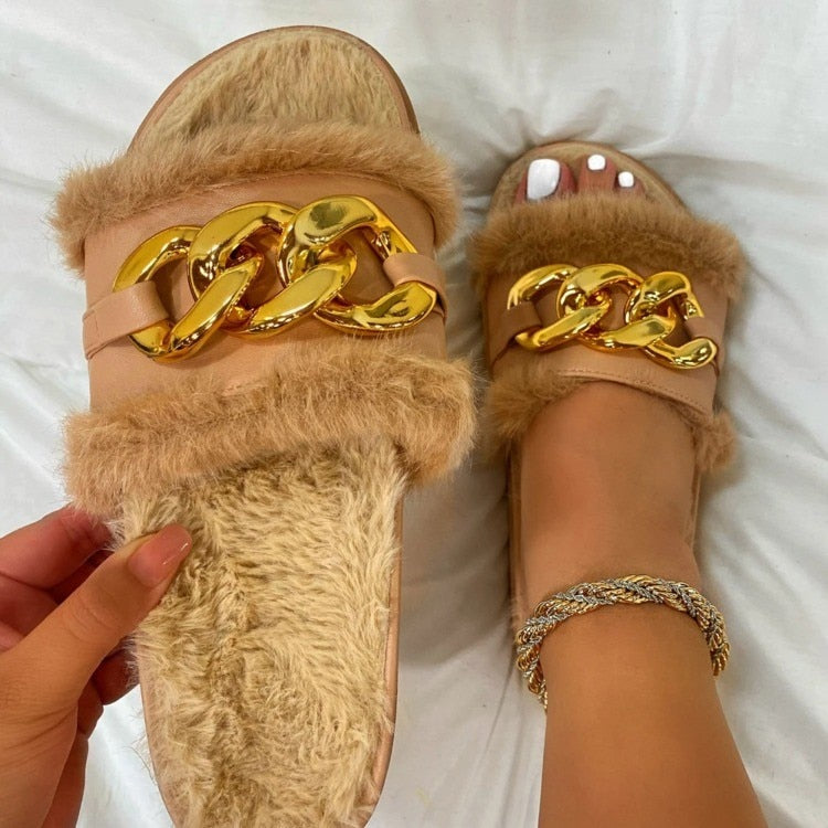 2021 Winter Plush Slippers Fashion Open Toe Solid Color Women's Sandals Metal Chain Outdoor Casual Women's Shoes Fashion Shoes
