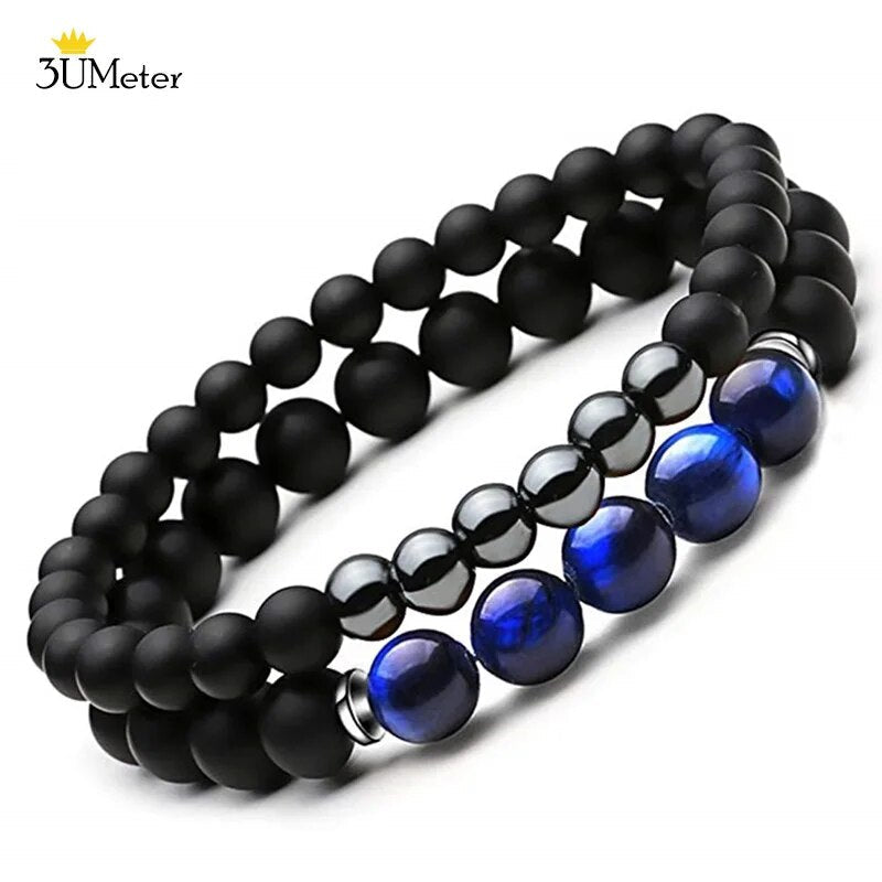 2PCS Natural Striped Agates Matte Black Onyx Beaded Bracelet for Women Men Natural Stone Hematite Bracelet Jewelry Pulseras