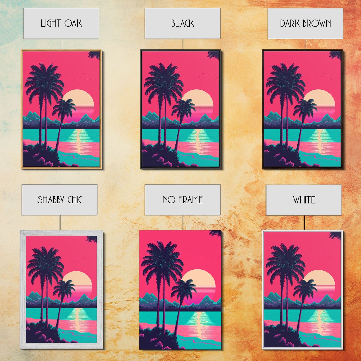 Retrowave Priint Set - 3 Piece Wall Art - Triptych 3 Panel Art - Beach Wall Art - Framed Canvas Prints - Tropical Beach Decor