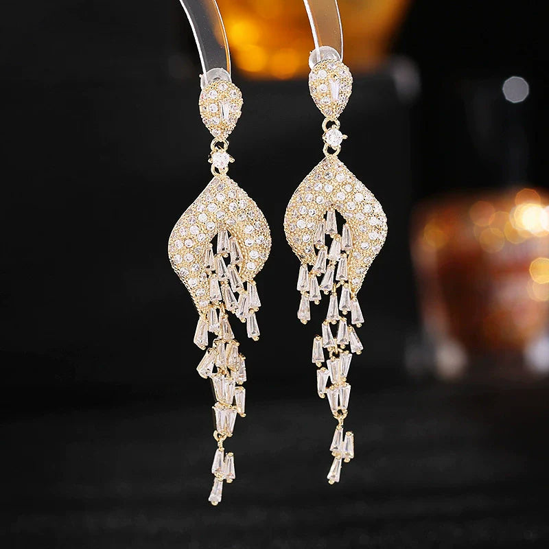 Sterling Silver Inlaid Zircon Long Banquet Earrings