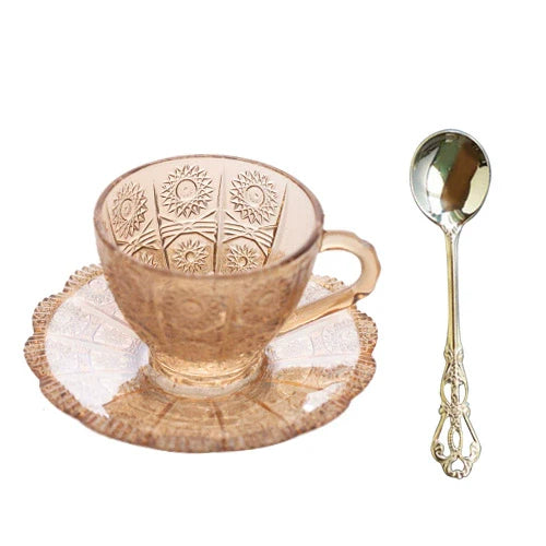 Retro Embossed Carved Tea Set Palace Style Glass and Glass Saucer