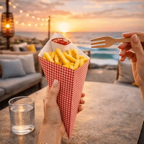 Cone Tek Picnic Print Paper Food Cone - with Dipping Pocket - 15" x 9" - 100 count box