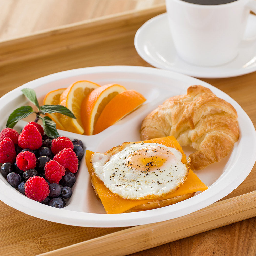 Pulp Tek Round White Sugarcane / Bagasse Plate - 3-Compartment - 10 1/4" x 10 1/4" x 1" - 100 count box