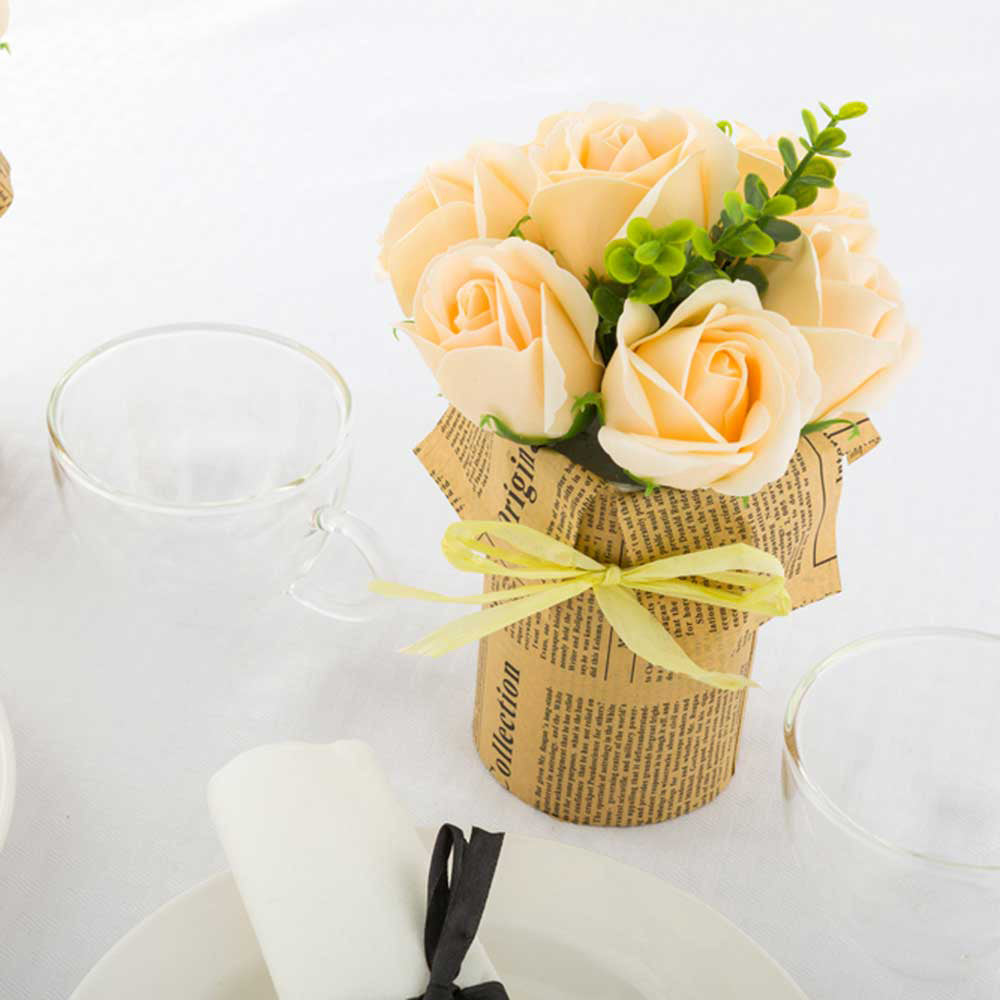 Sapone del Fiore Round Yellow Plastic Roses in Plastic Pot - 7 Blooms - 4" x 4" x 8 3/4" - 12 count box