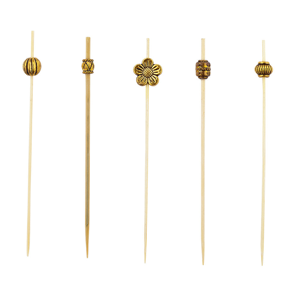 Pixy Gold Bamboo Luxury Metal Beaded Pick - 4" - 1000 count box