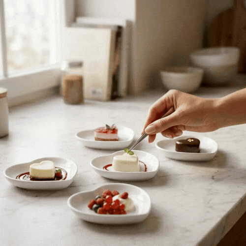 Chef 101 Heart White Porcelain Mini Heart Plate - 3 1/4" x 3" x 3/4" - 10 count box