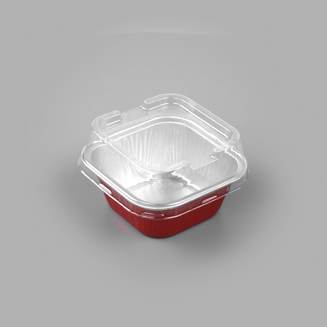 Pastry Tek 3 oz Square Red Aluminum Quadro Baking Cup - with Plastic Dome Lid - 3" x 3" x 1 1/4" - 100 count box