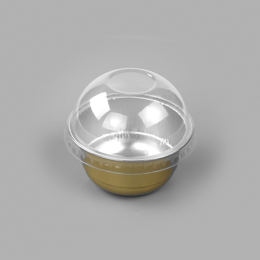 Pastry Tek 5 oz Round Gold Aluminum Baking Cup - with Plastic Dome Lid - 3 1/4" x 3 1/4" x 1 3/4" - 100 count box