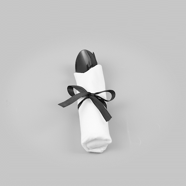 Moderna Black Plastic Cutlery Set - with White Napkin, Black Ribbon - 7 1/4" x 2" x 1 3/4" - 100 count box