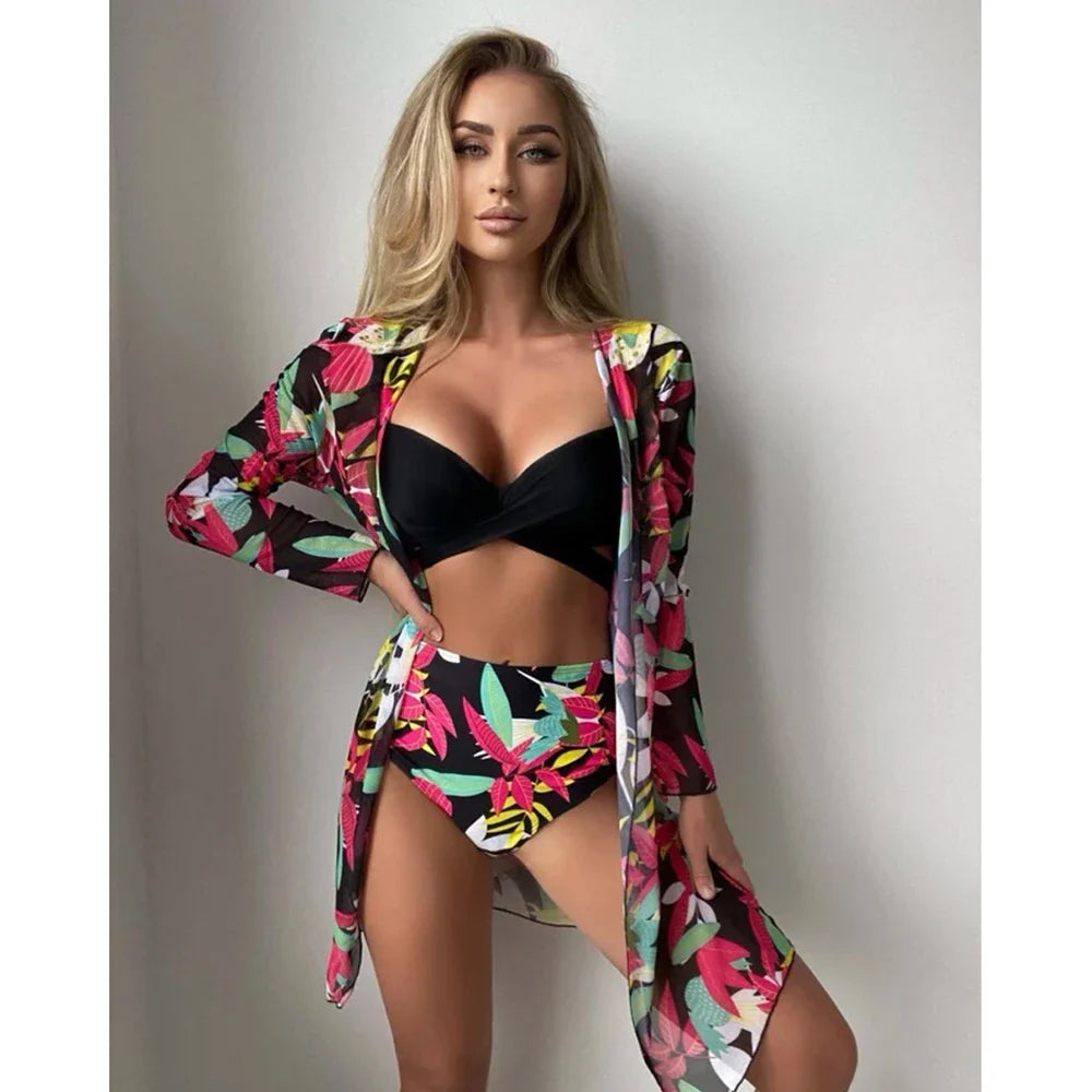 2024 3pack Swimwear Women Cover Up Bikini Set Push Up Swimsuit Biquini Swim Wear Print Bathing Suit Maillot De Bain