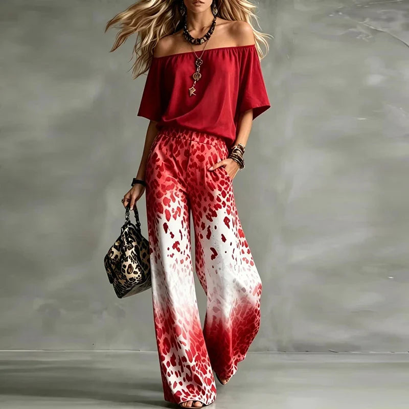 Vintage Printed One Shoulder Short Sleeve Women T-Shirts Pocket High Waist Wide Leg Pants Suit Women Casual Two Piece Set