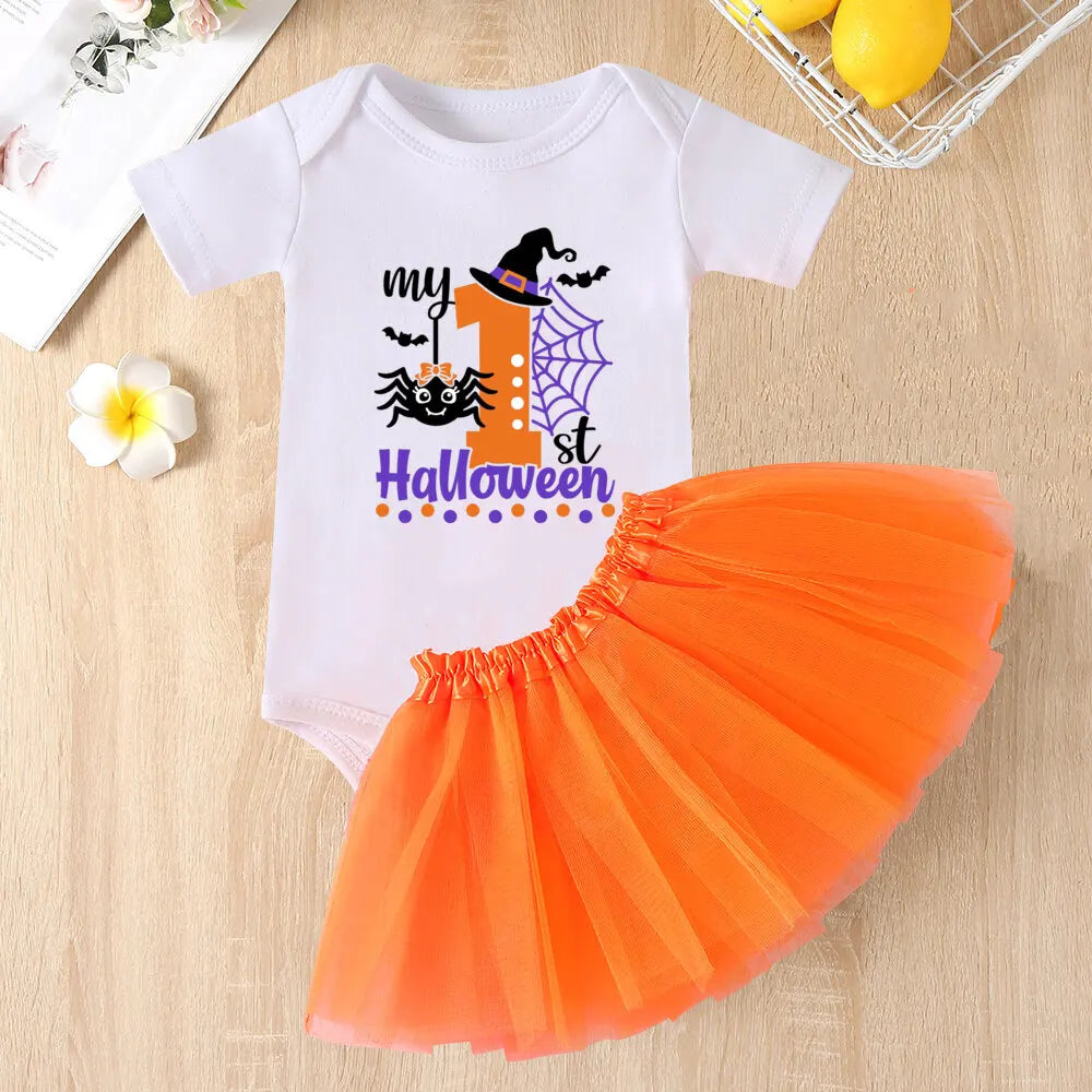 My 1st Halloween Print Baby Bodysuit Dress Set Halloween Party Girl Outfit Dresses Tutu Cake Smash Outfit Infant Baptism Clothes