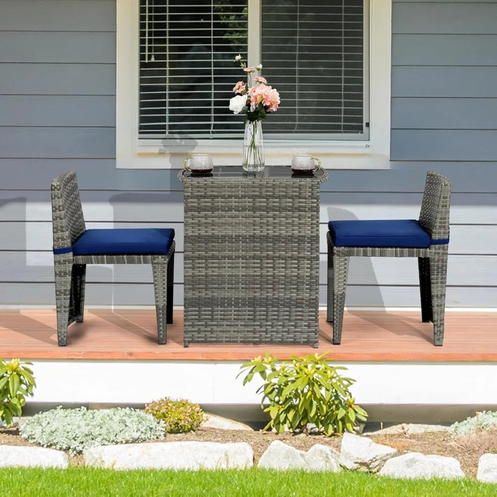 3 PCS Wicker Outdoor Patio Bistro Set, Patio Furniture Set,Space with Glass Top Table Dining Chairs, for Garden Yard Porch