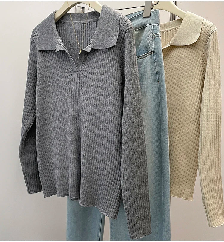 Plus Size Autumn V-Neck Pullover Sweater Tops Women Fashion Loose Pleated Korean Ladies Sweaters Casual Woman Sweater Tops