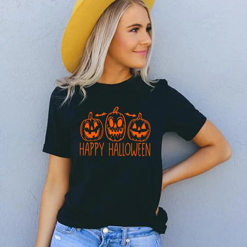 Funny Pumpkin Face Women T Shirts Orange Halloween T-shirt Causal Streetwear Fall Witch Graphic Tee Women's Clothes Festival Top