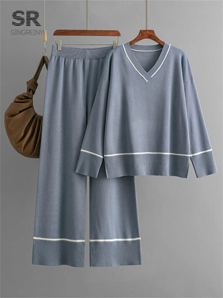 SINGREINY Women Basics Winter Sets V Neck Sweater+Solid Wide Legs Long Pants 2024 Autumn Fashion Casual Thick Two Pieces Suits
