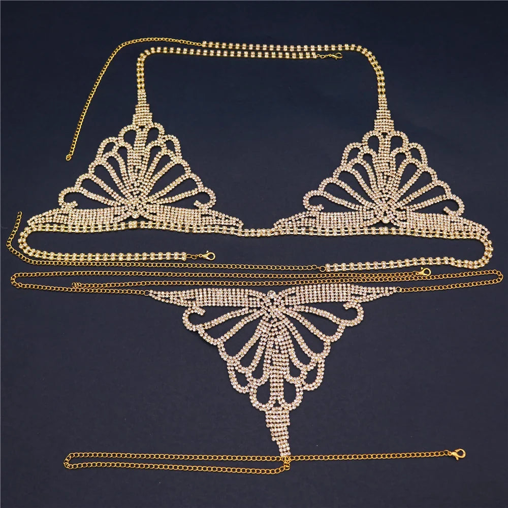 Bohemian rhinestone plaid chest chain and Thong jewelry underwear women's shoulder straps 2024 new bra sexy mesh body