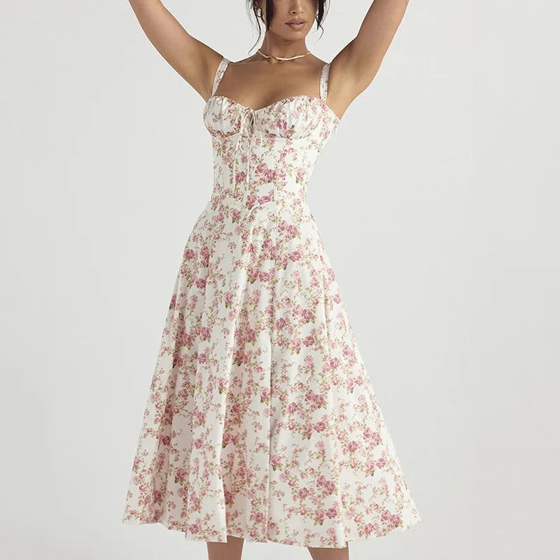 Women's Beach Travel Clothing Sexy Split Floral pattern Long Sling Dress Lady Party Flat collar Skirts Camisole Female Dresses