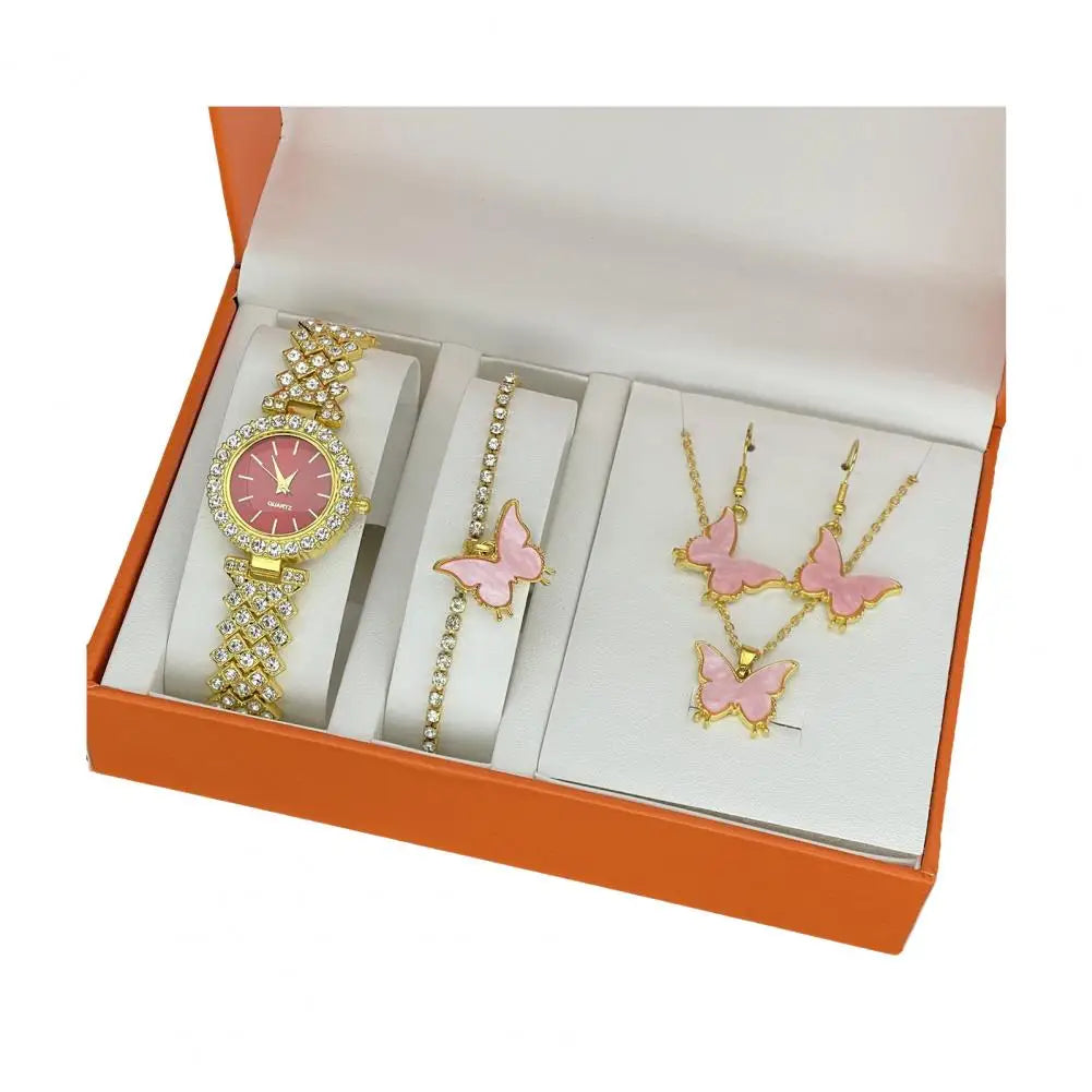 1 Set Women Jewelry Set with Gift Box Complete Collection of Quartz Watch Necklace Bracelet Ring Earring Set Golden Jewelry Gift