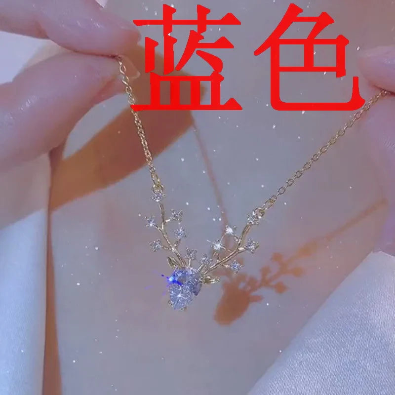 Dainty Christmas Deer Pendant Necklace for Women Girls Xmas Elk Crystal Choker Chain Fashion Wedding Party New Year Jewelry Gift