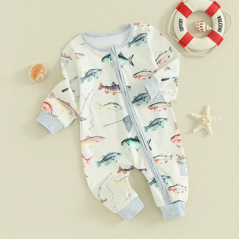 Baby Jumpsuit Long Sleeve Crew Neck Fish Print Zipper Closure Fall Romper Clothes for Boys Girls