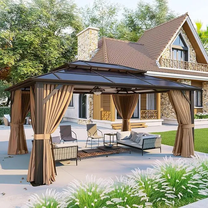10'x12' Hardtop Gazebo, Aluminum Frame Permanent Pavilion with Curtains, Outdoor Polycarbonate Gazebo, Double Roof Canopy