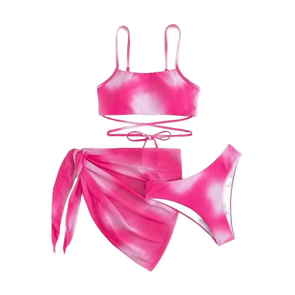 Women's 3 Piece Gradient Tie Dye Bathing Suit Lace Up High Cut Bikini with Beach Skirt