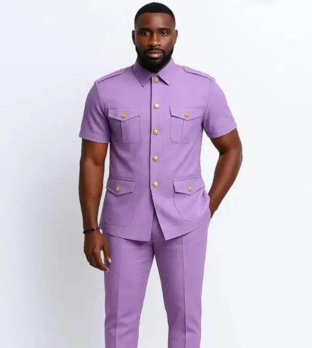 Safari Men Suits with Short Sleeves for Prom Party 2 Pieces Chinese Fashion Style Outdoors Costumes Suit Set Custom Made