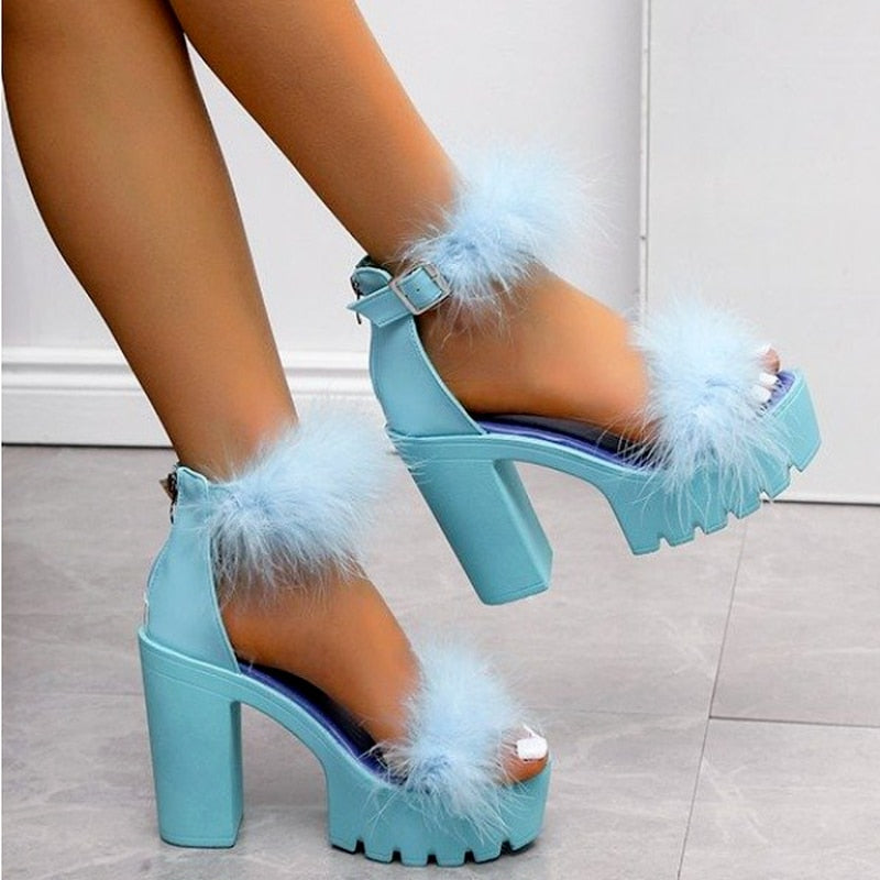 Women Pumps Buckle Furry Open Toe Sexy Party Sandals 2023 New Summer Fashion Pink Chunky Heel Mary Jane Ladies High Heels Rubber