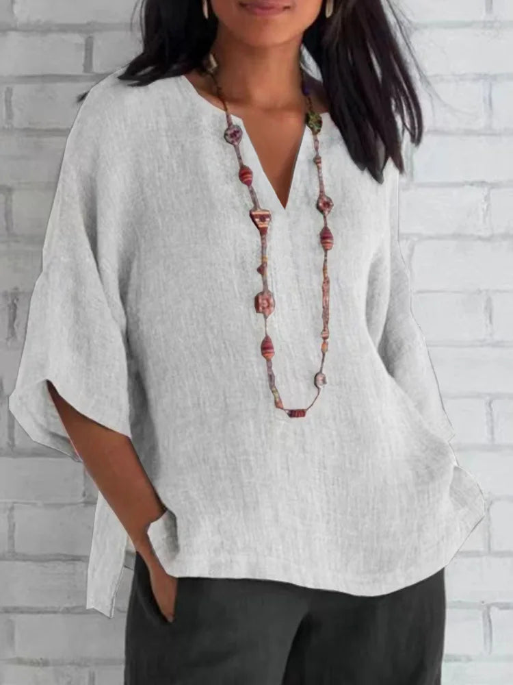 Women's Solid Colour Cotton Linen Shirt 2024 Summer V-Neck 3/4 Sleeve Loose Casual Blouse Women Tops S-3XL