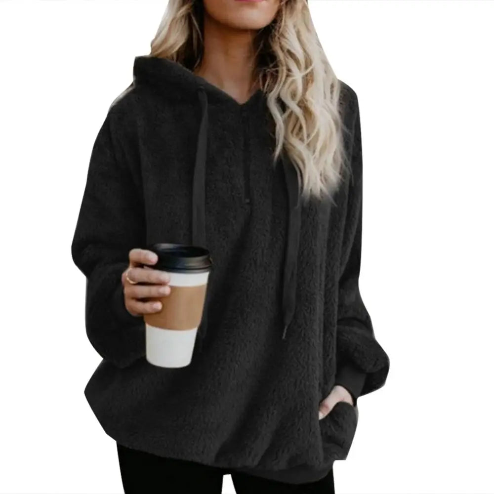 Winter Hoodies Long Sleeve Two Pockets Pullover Sweatshirt Plush Turtleneck Zipper Neck Women Fluffy Sweatshirt Outerwear