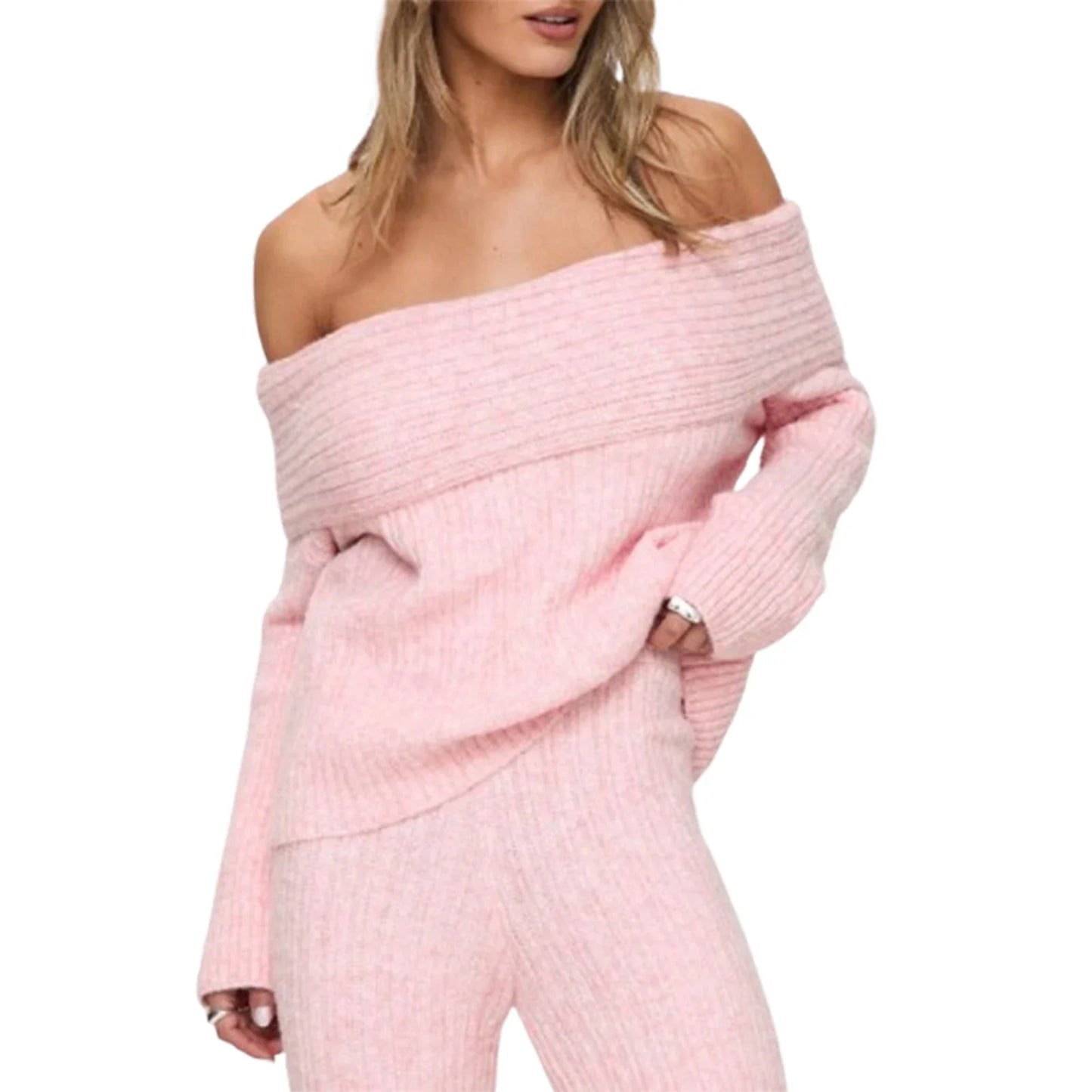 Women s Off Shoulder Sweaters Chest Folding Boat Neck Solid Color Long Sleeve Casual Ribbed Knitted Tops