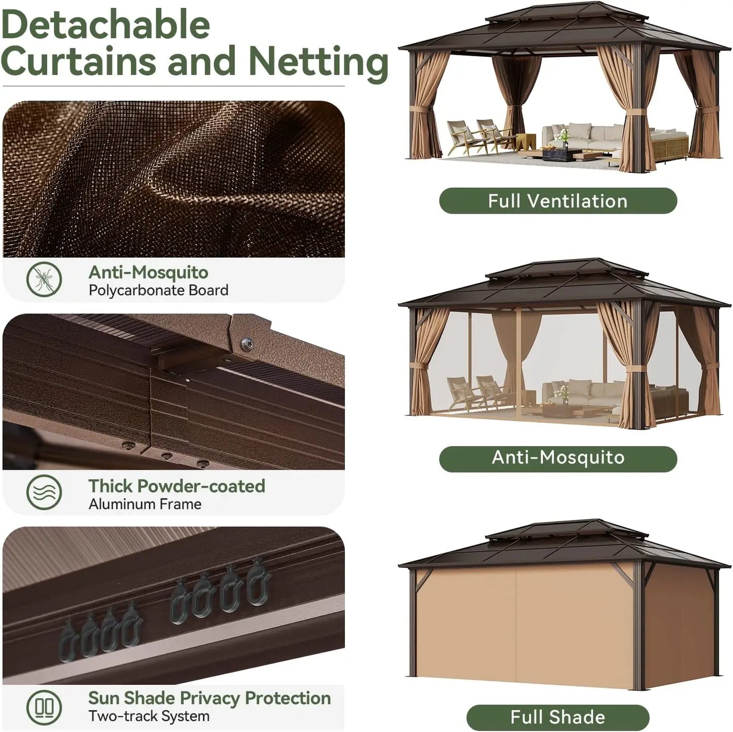 Aoxun 12'x16' Hardtop Gazebo, Aluminum Frame Permanent Pavilion with Curtains and Netting, Outdoor Polycarbonate Double Canopy