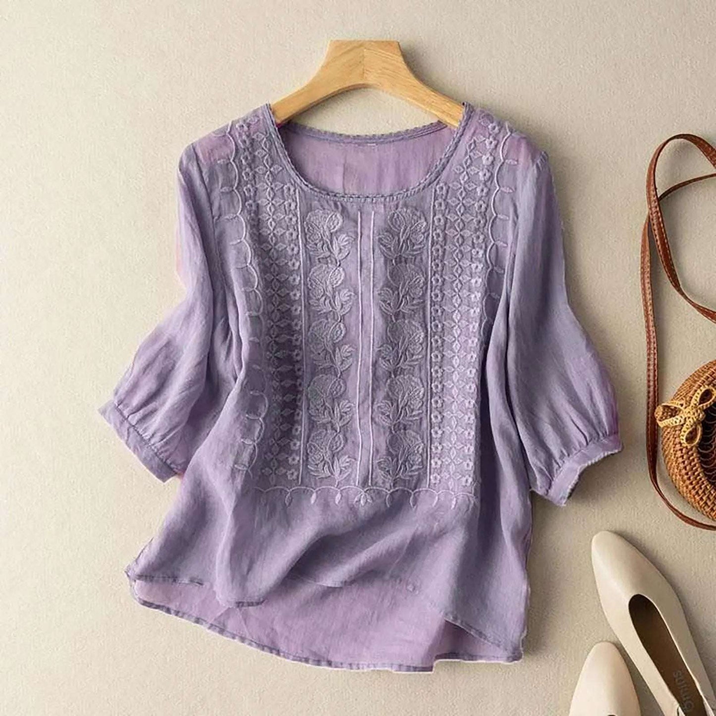 Cotton Linen Half Sleeve T-Shirts Womens Vintage Simple Floral Embroidery Blouses Retro Plain Lightweight Summer T-Shirts Tops