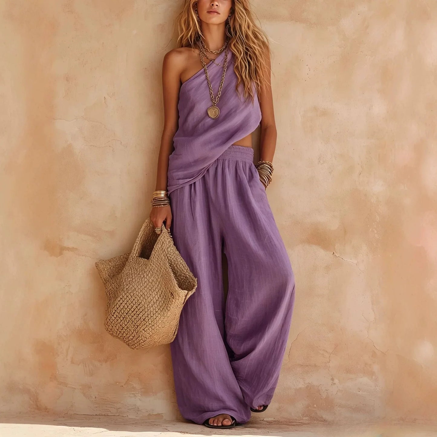 Womens Casual Matching Set Summer Linen Wide Leg Pants Jumpsuit Two Piece Outfits