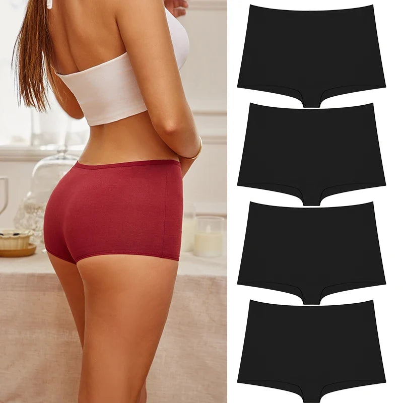 4PCS/Set Women Cotton Panties Sexy Low Rise Boyshorts Seamless Sports Boxers Female Comfortable Underwear Solid Color Lingerie