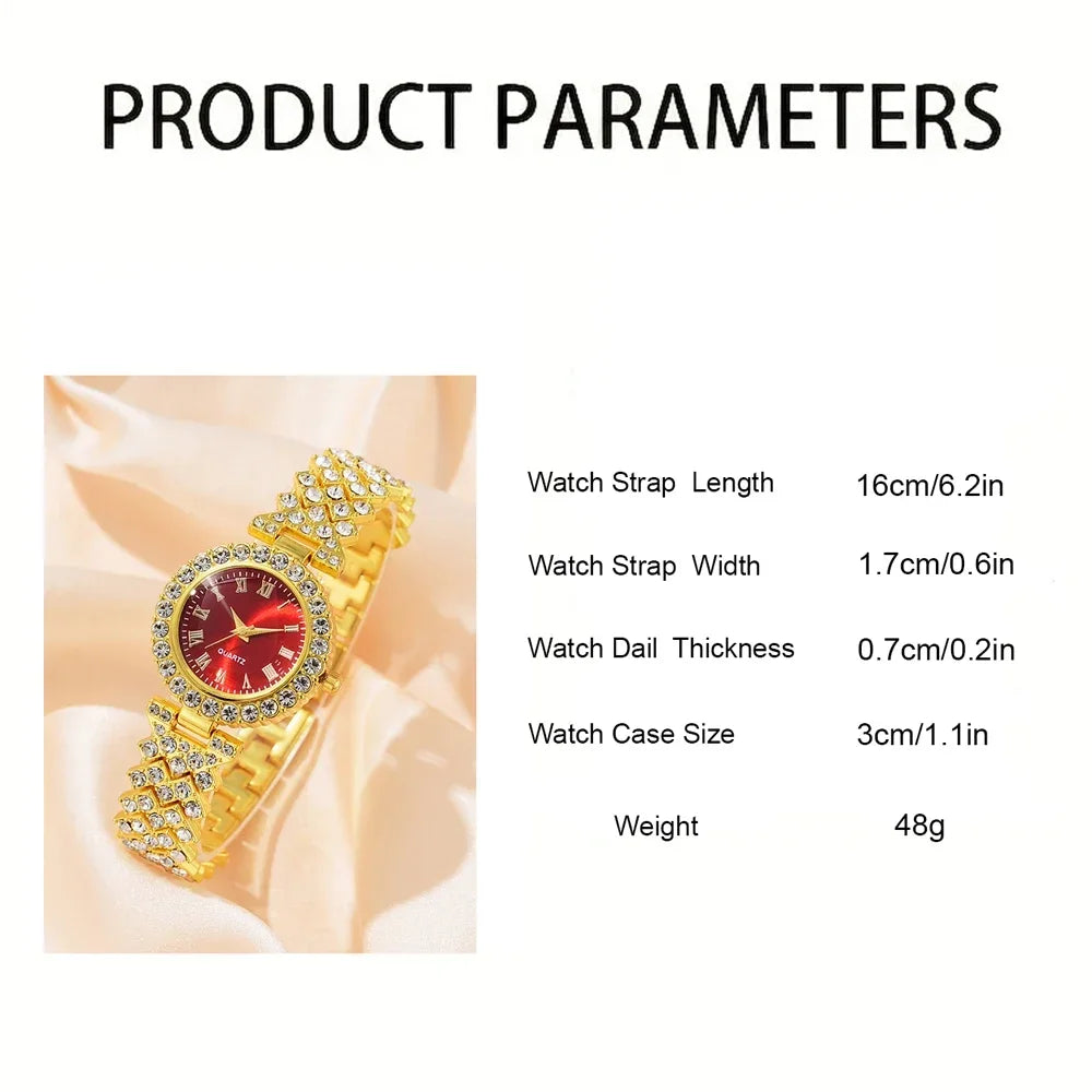 5Pcs Golden Luxury Watch Women Ring Necklace Earring Rhinestone Jewelry Set.