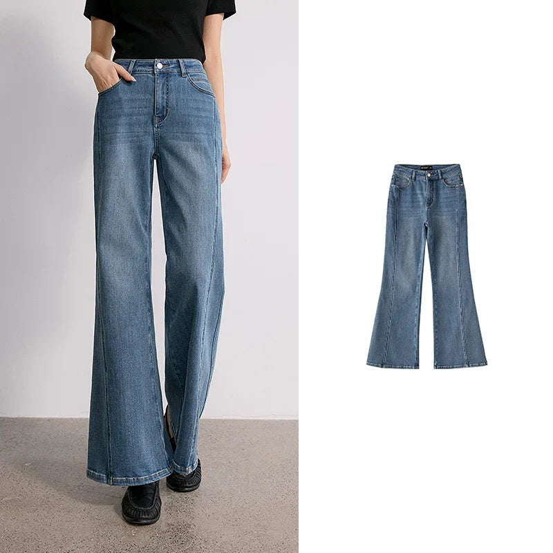 TOYOUTH Women's Glazed Blue Deconstructed Splicing Stretch Cotton Jeans 2026 Autumn New Slim Fit Flared Chic Denim Trousers